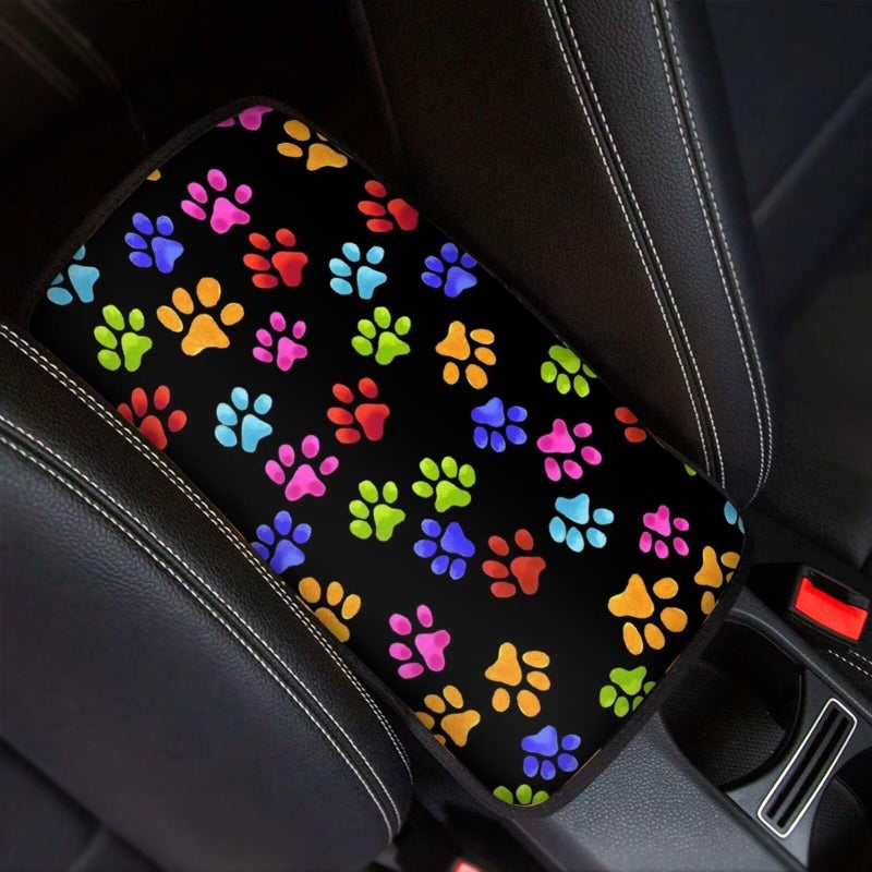 Dreaweet Colorful Dog Paw Print Auto Center Console Pad,Car Armrest Seat Box Cover Protector Universal Fit for Most Vehicle SUV Trucks - Image 1